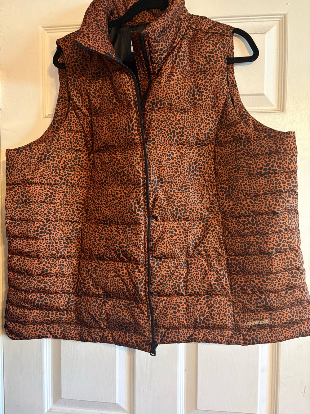 Lands' End Orange Leopard Print Quilted Puffer Vest